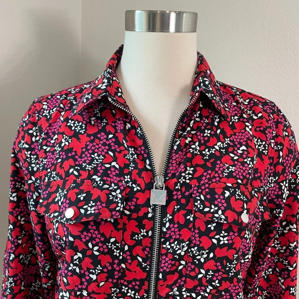 Michael Kors Womens Small Floral Zip Up Blouse‎ Roll Tab Sleeve Shirt Top